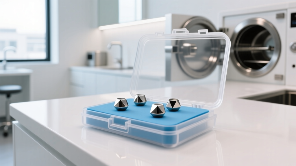 Autoclave cassette showing titanium labret studs on a sterile blue pad inside a bright, modern professional body piercing studio.