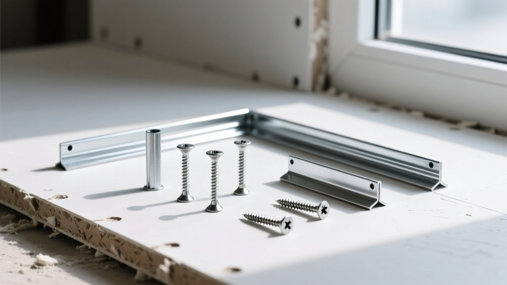Close-up of galvanized steel metal studs, drywall screws, and vinyl corner bead fittings laid out on an unfinished gypsum board surface