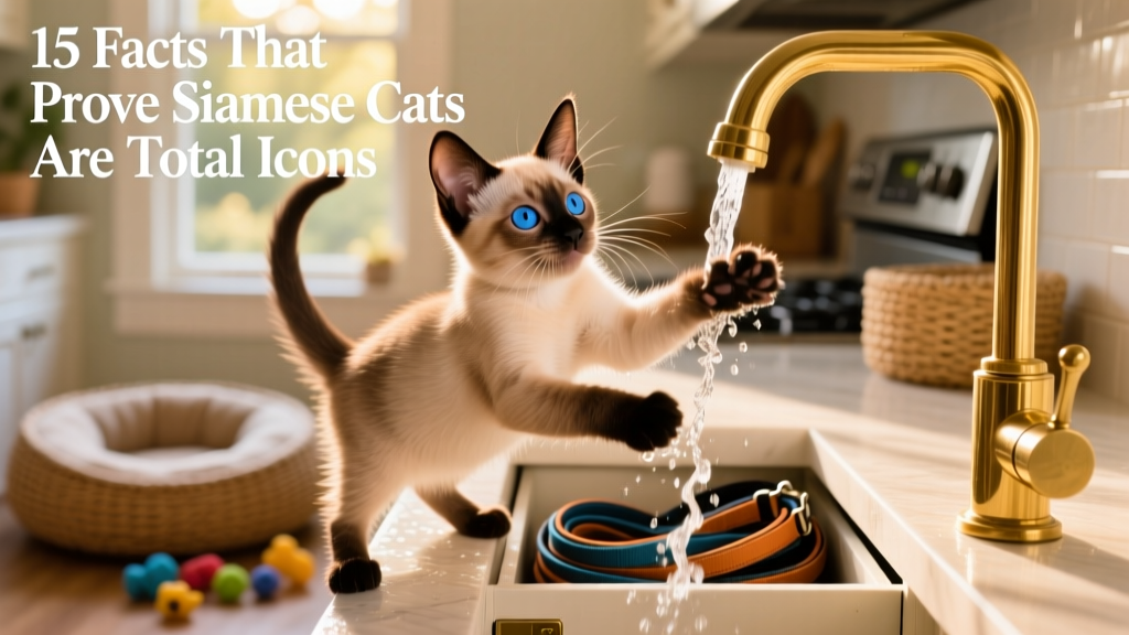 A playful Siamese kitten batting at a stream of water from a faucet, showing curiosity and energy