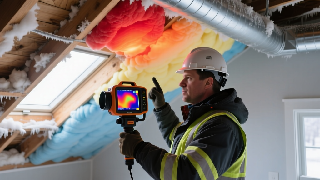 Contractor using a thermal imaging camera to inspect spray foam insulation R-value in a St Charles Missouri attic during winter