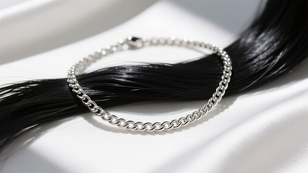Close-up of a 22-gauge sterling silver herringbone necklace tangled in a single strand of dark hair on a white silk fabric.