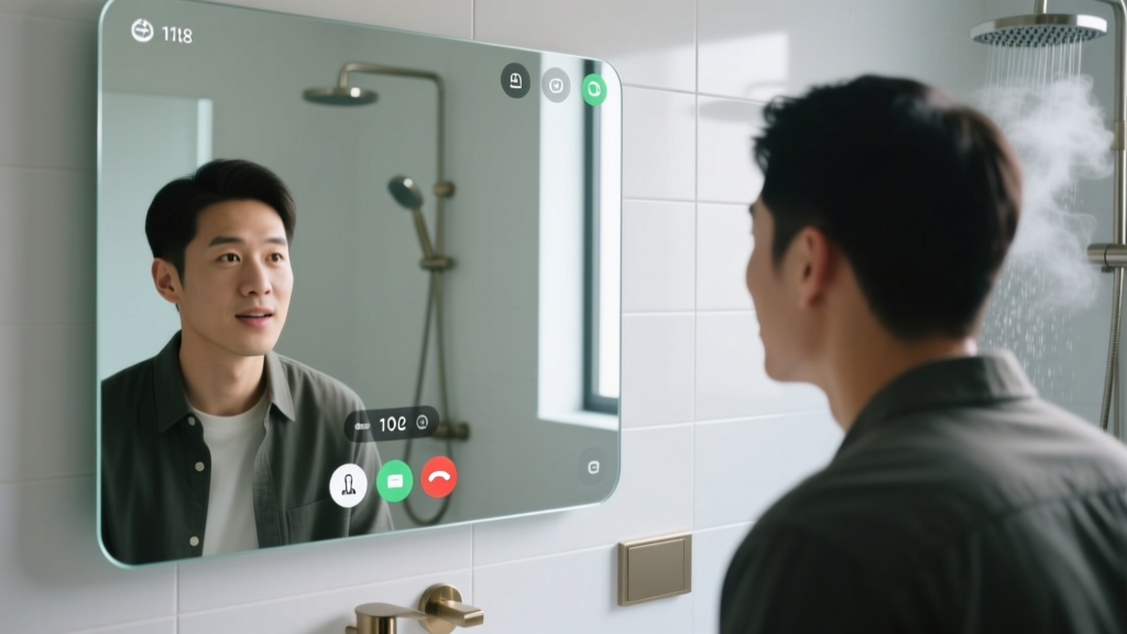 Close-up of a digital smart bathroom mirror displaying a remote worker's morning calendar and weather next to a minimalist soap dispenser