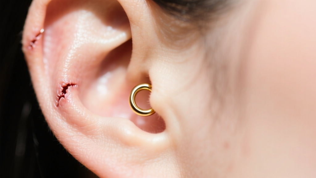 Macro photography of a healed earlobe and upper cartilage helix piercing, highlighting smooth fistula tissue and matte gold jewelry.
