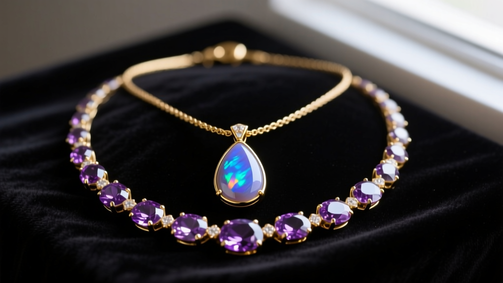 Flat lay of a layered 14k gold necklace set with a teardrop Ethiopian opal pendant and faceted amethyst on dark velvet.