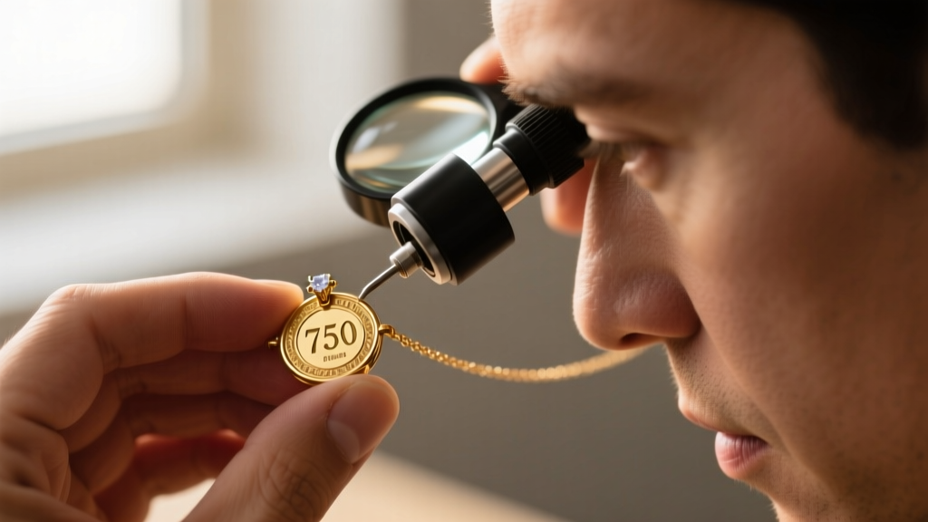 Close-up of a jeweler using a 10x loupe to inspect the 750 hallmark stamp on a gold necklace clasp under bright focused light