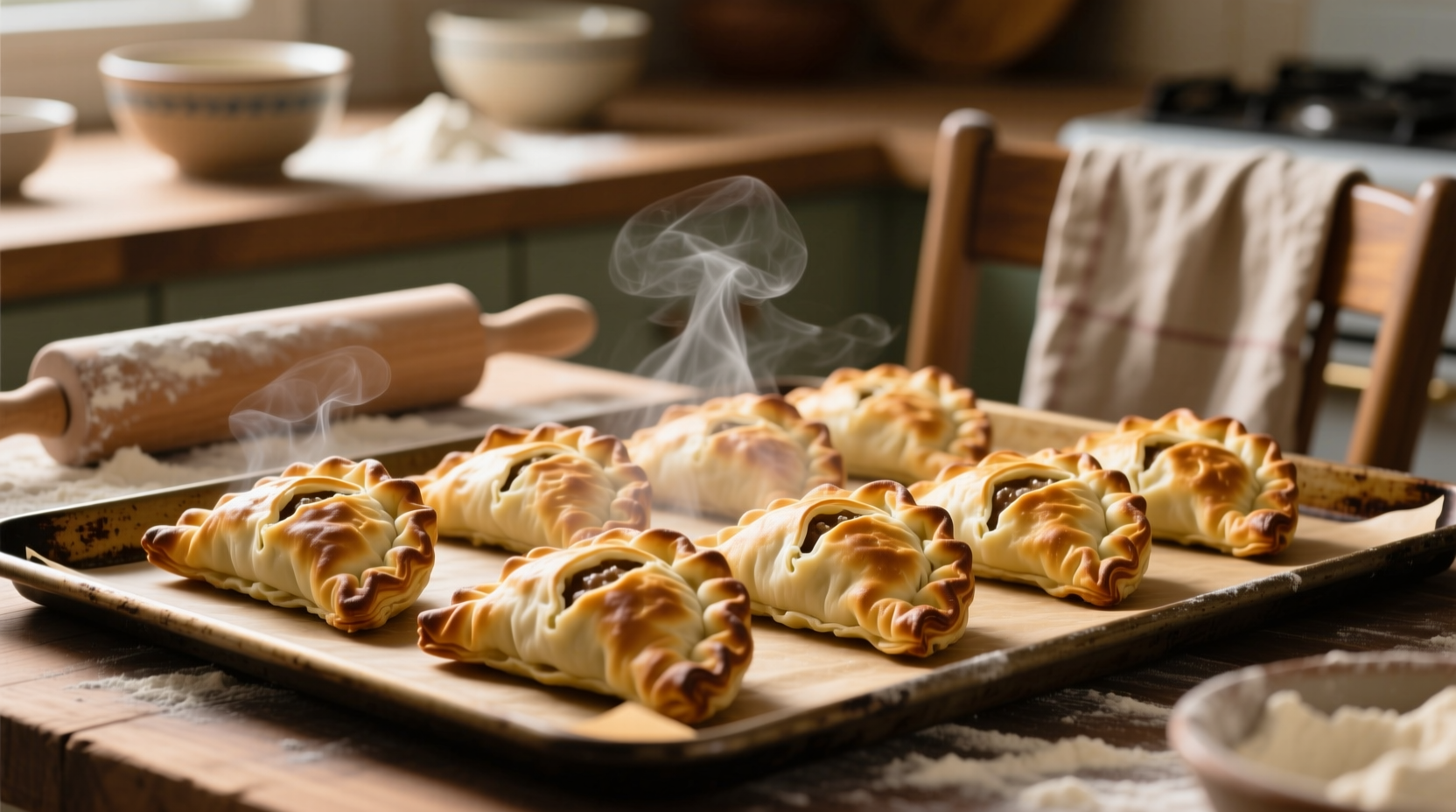 Golden brown potato turnovers on baking sheet