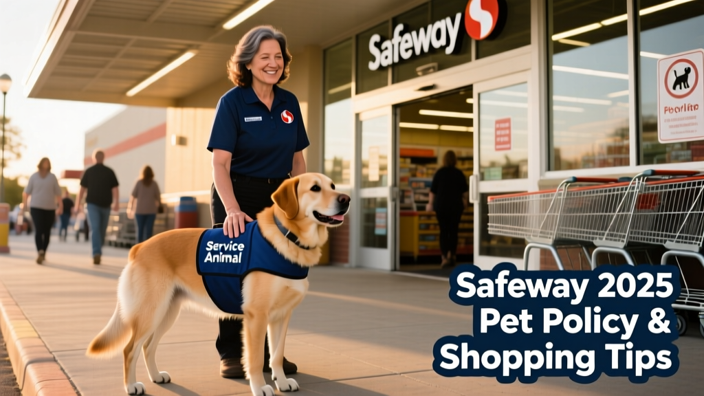 A well-behaved service dog wearing a vest, standing calmly beside its handler near a Safeway entrance