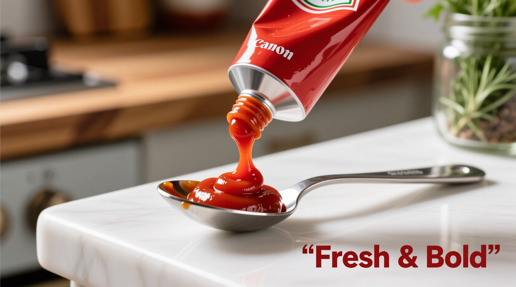 Tomato paste tube squeezed onto measuring spoon
