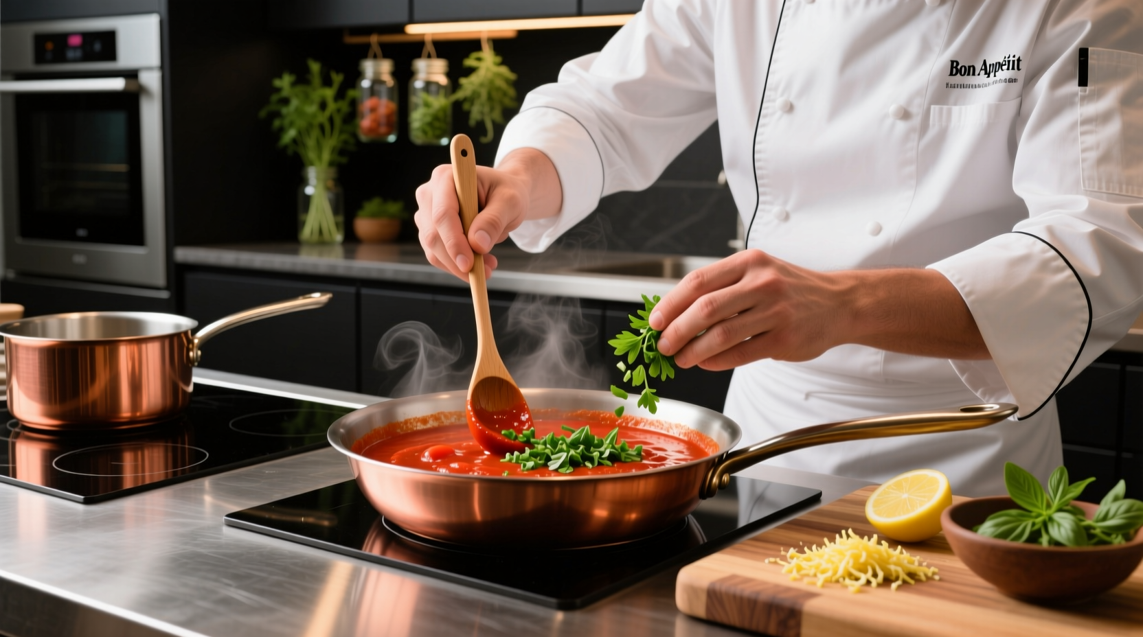 Chef adjusting tomato sauce acidity with fresh herbs