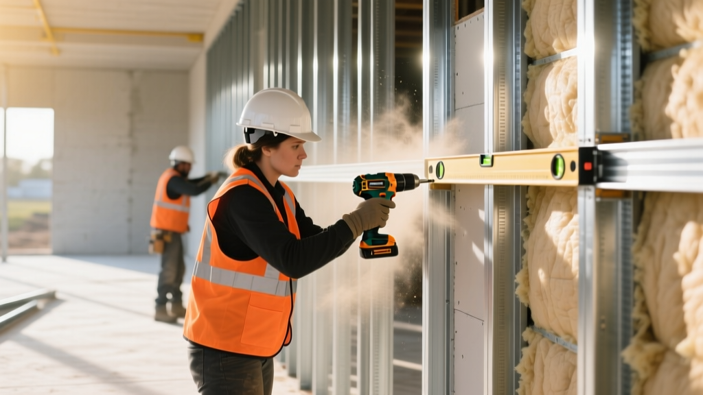 Commercial construction site showing workers installing 20-gauge galvanized steel wall studs and tracks with laser levels and screw guns