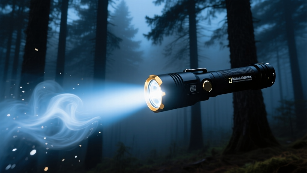 Close-up of a high-lumen EDC flashlight cutting through dense pine forest fog during a nighttime backcountry navigation trip.