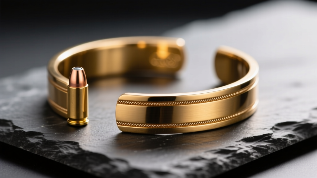 Macro shot of polished C26000 cartridge brass cuff bracelet on dark slate, highlighting warm golden hue and seamless solder joints