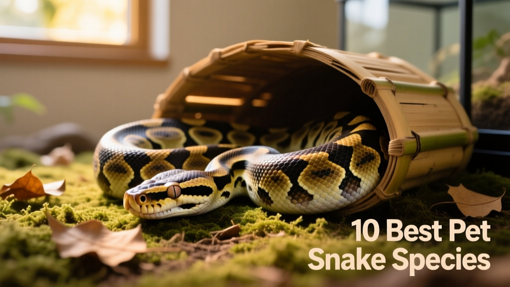 A calm ball python resting in a cozy hide, its intricate scale pattern visible under soft lighting