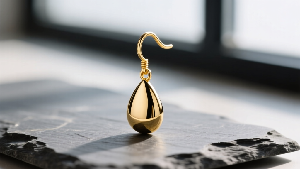 Macro shot of a 14k gold teardrop drop earring on slate, highlighting the 20-gauge ear wire hook and smooth metal reflection.