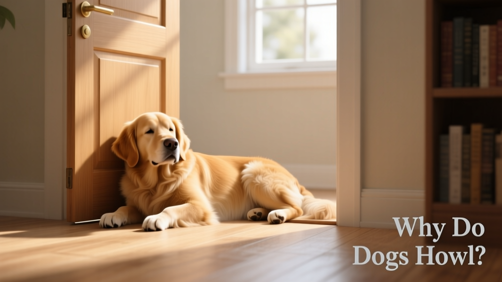 A calm Golden Retriever resting beside a closed door, showing relaxed body language