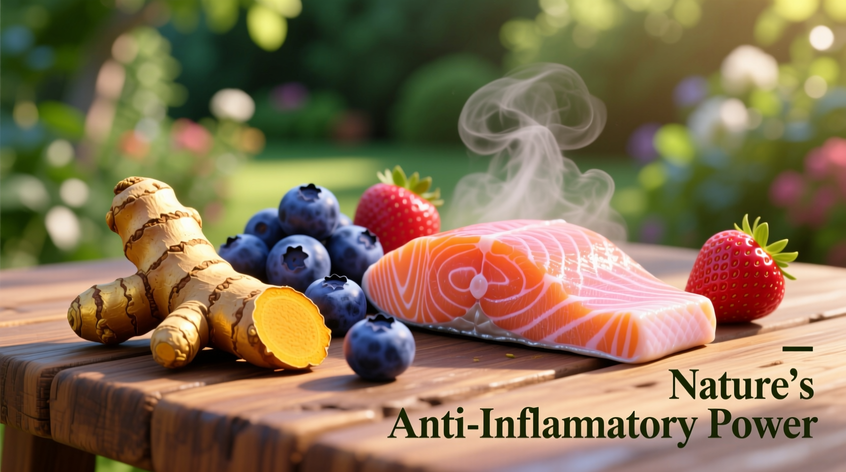 Colorful anti-inflammatory foods including turmeric, berries, and salmon