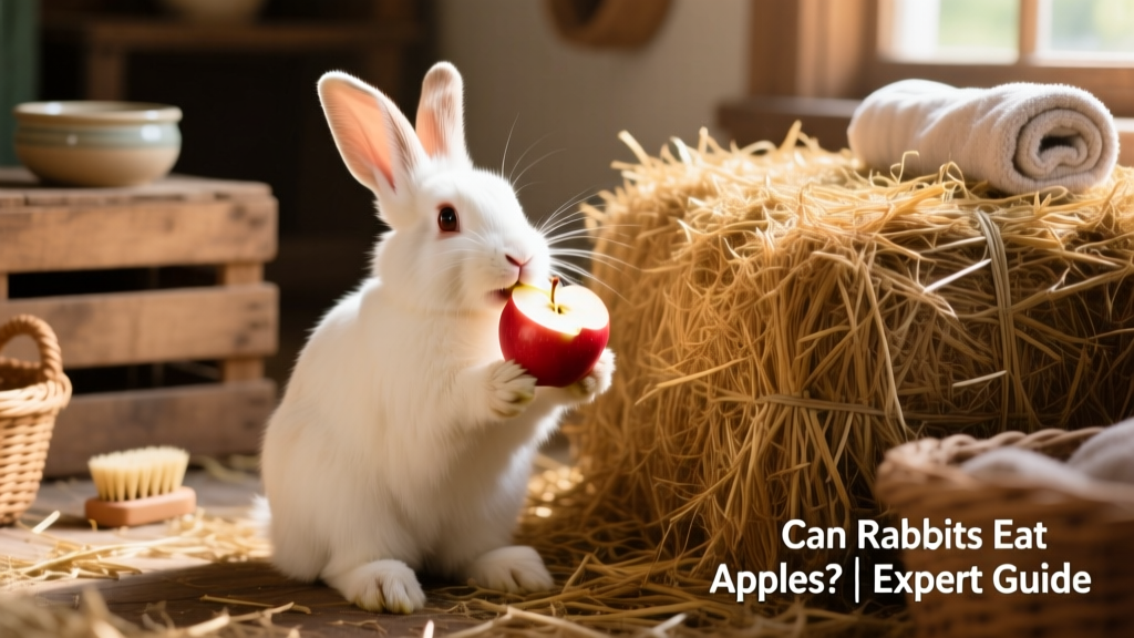 Rabbit happily nibbling a small slice of apple while sitting beside a large pile of timothy hay