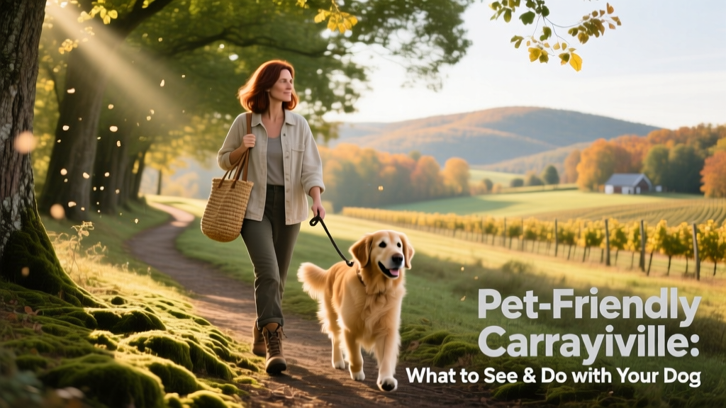 A woman walks her dog along a shaded, leafy trail with gentle elevation in the Charlottesville countryside