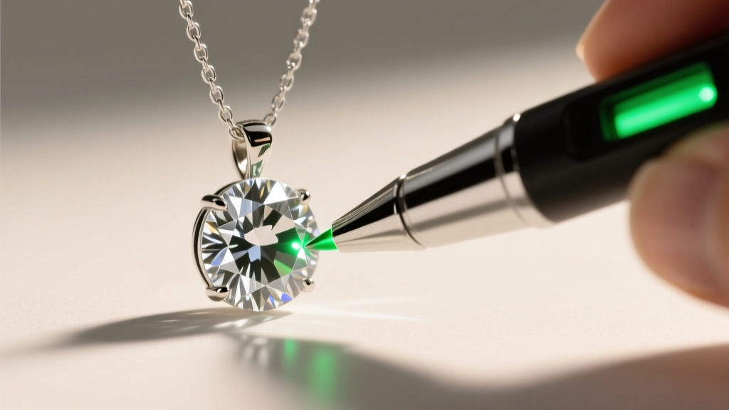 Digital diamond tester pen with a green LED tip touching a brilliant round cubic zirconia pendant on a silver chain.
