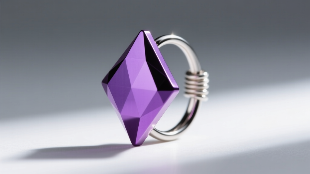 Close-up of an anodized purple niobium diamond shaped ear cuff with 20-gauge wire highlighting lightweight material properties