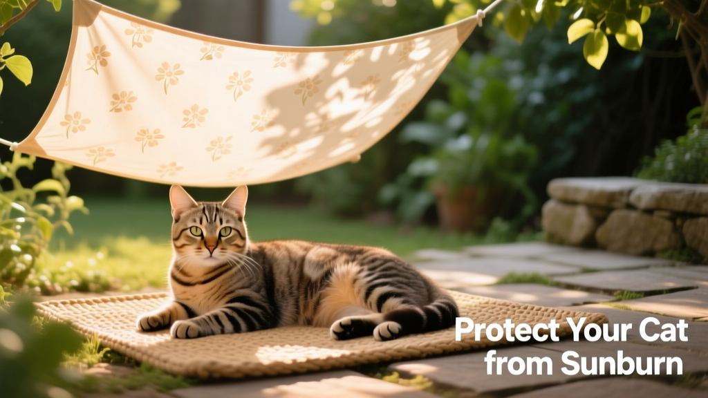 Cat resting comfortably in a shaded outdoor spot with a lightweight, breathable cat-safe sunshade overhead