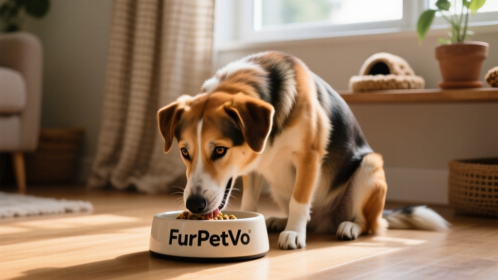 Happy dog eating from a bowl labeled 'FurPetVo'—showing calm demeanor and healthy coat, illustrating successful allergy management