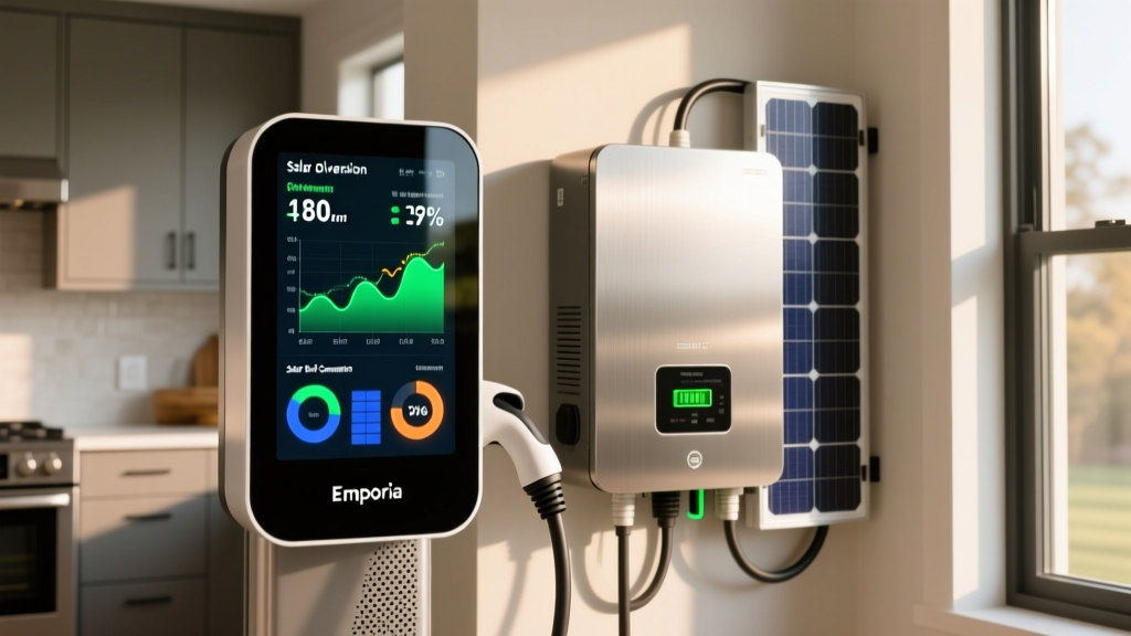 Close-up of Emporia smart EV charger display showing real-time solar diversion metrics next to a home solar inverter setup.