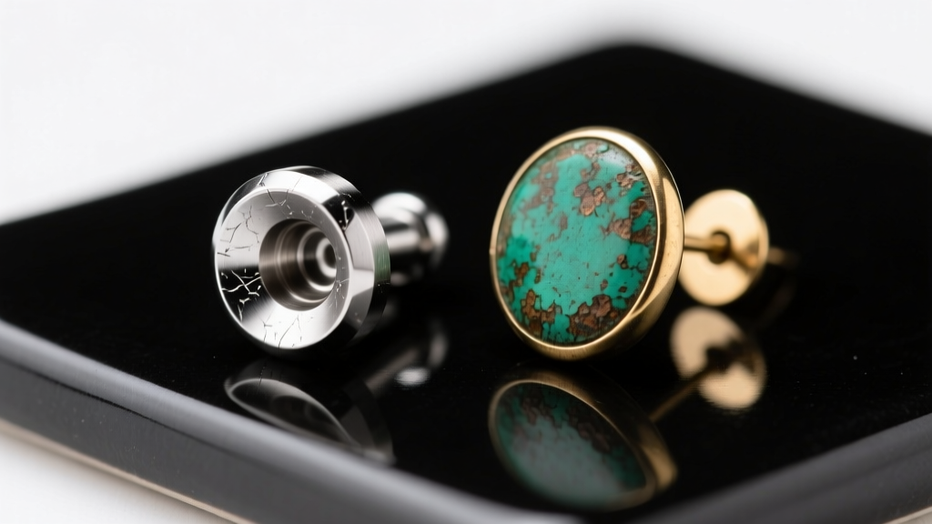 Macro shot of an ASTM F136 titanium labret stud next to a tarnished brass earring with green oxidation, bright studio lighting.