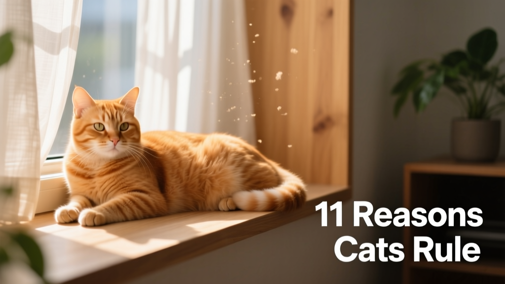 A relaxed ginger cat lounging on a sunlit windowsill