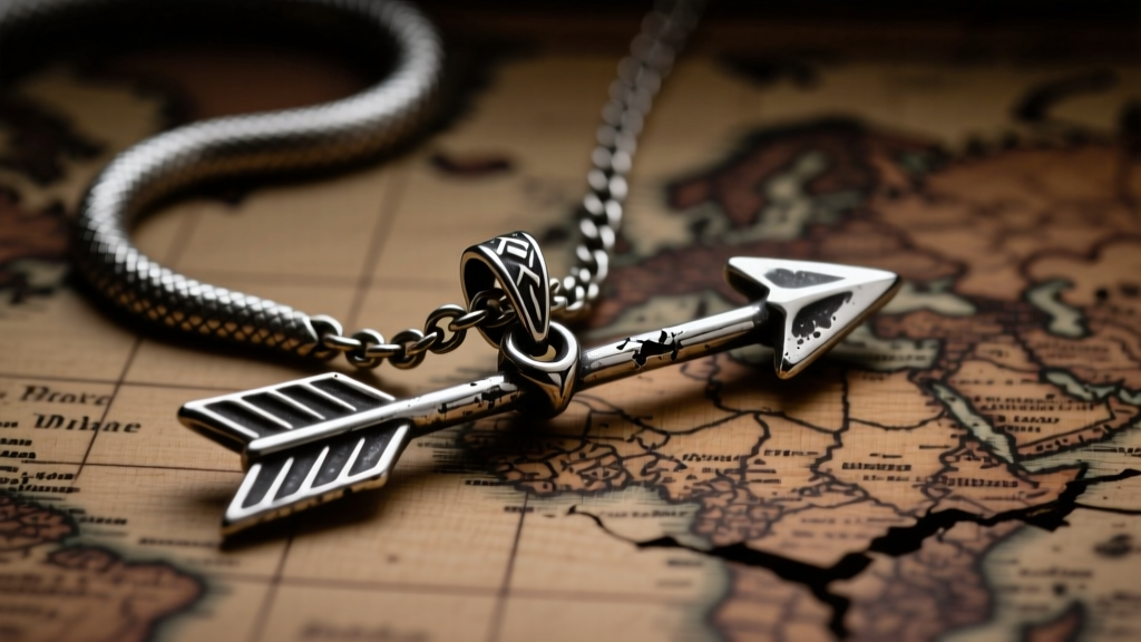 Close-up of tarnished silver arrow pendant on a broken snake chain, laid on a rustic wooden map background, moody lighting.
