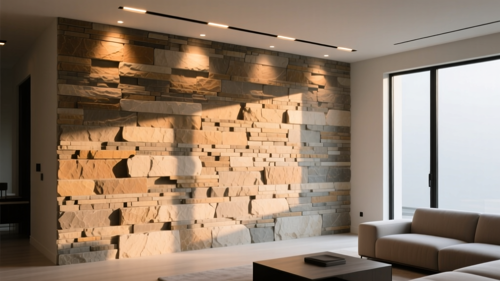 Faux stacked stone veneer accent wall in warm ledgestone tones, lit by recessed ceiling grazing lights in a modern living room
