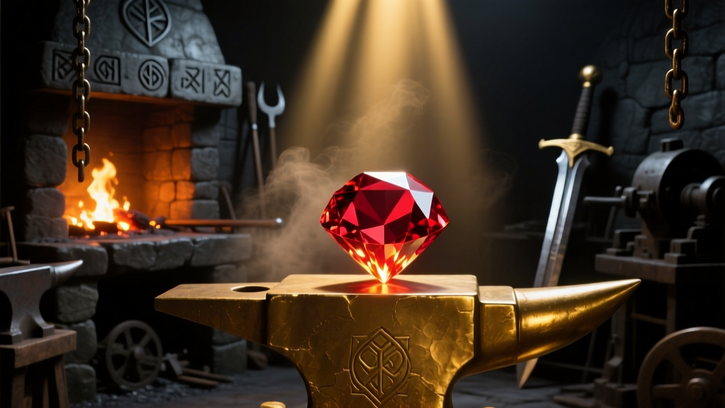 Glowing faceted red ruby gemstone resting on a gold anvil inside a dimly lit medieval fantasy blacksmith forge, cinematic lighting.