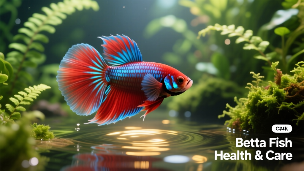 Close-up of a vibrant, healthy betta fish swimming gracefully in a well-planted, clean aquarium