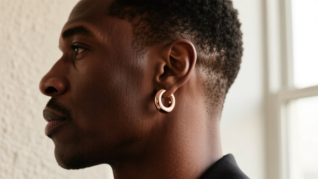 Side profile of a man wearing a 12-gauge 14k rose gold hoop earring with a 12mm inner diameter, highlighting the lobe fit and angle