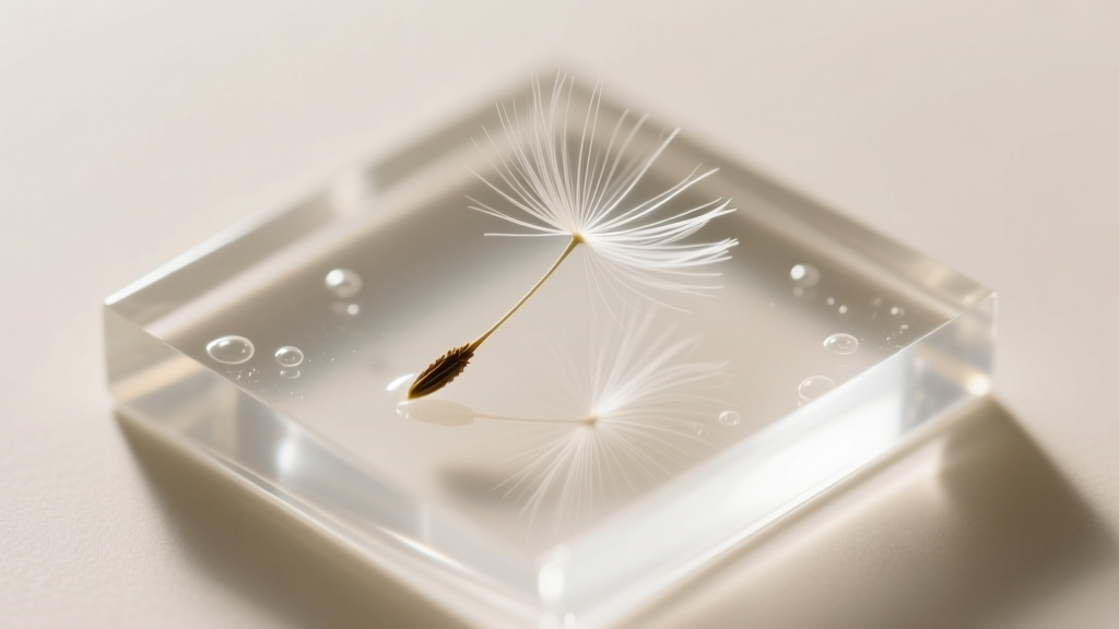 Macro shot of a real dandelion seed suspended in clear UV-resistant epoxy resin, revealing intricate white seed filaments.
