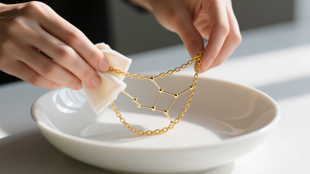 Hands gently wiping a delicate gold vermeil cancer constellation chain with a damp microfiber cloth over a white ceramic bowl.