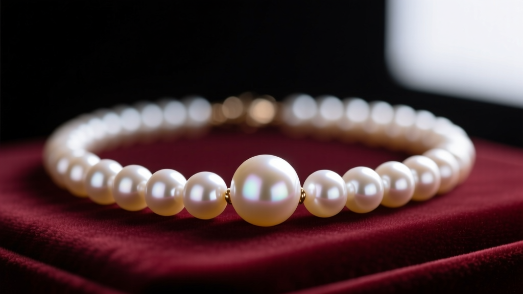 Close-up of a graduated pearl necklace on velvet, transitioning from a 10mm center pearl to 6mm side pearls, studio lit.