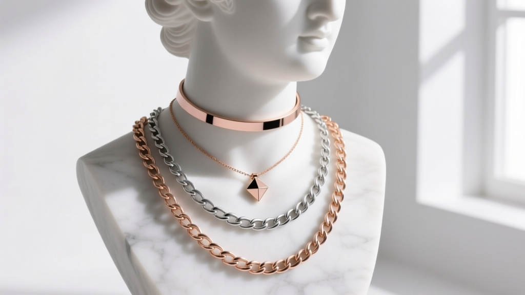 Layered necklace stack with a 16-inch choker, 18-inch pendant, and 20-inch rolo chain resting on a minimalist white marble bust.