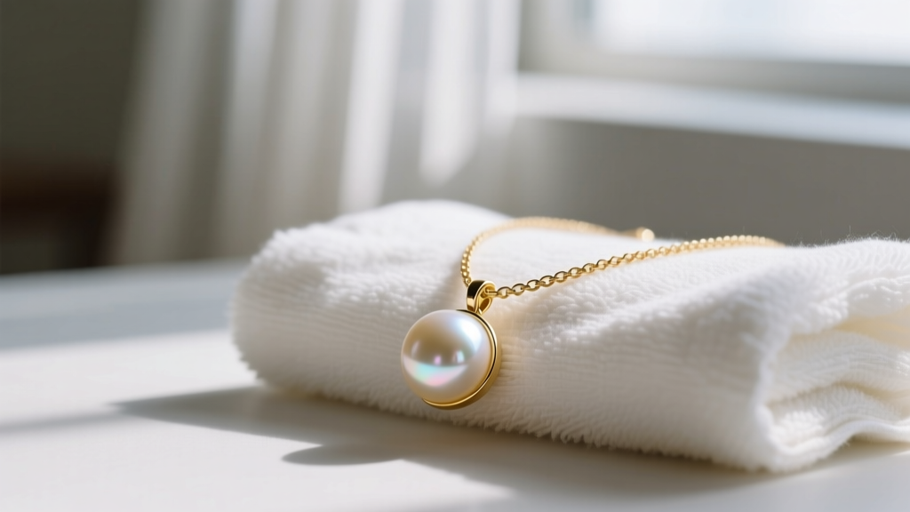 Side view of a gold vermeil necklace with a pearl pendant drying on a lint-free cotton towel under soft natural window lighting.