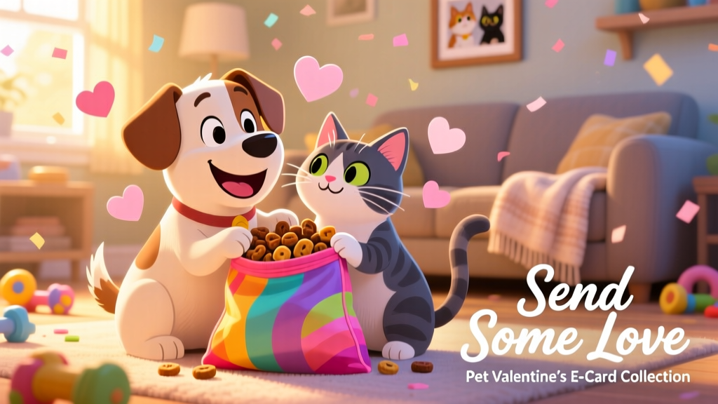 Cartoon-style illustration of a smiling dog and cat sharing a colorful bag of treats, with heart accents