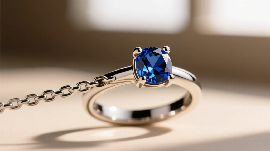 Macro shot of a 1.0mm silver box chain passing through a 2mm sapphire cocktail ring shank, highlighting the tight metal fit