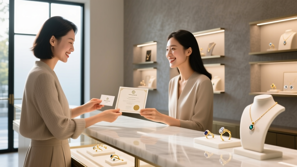 Jewelry artist handing a branded care card and certification document to a smiling client across a clean, modern retail counter.