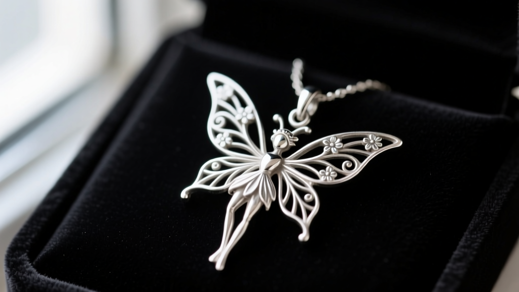 Macro photograph of a vintage Kirks Folly sterling silver fairy pendant resting on dark velvet, highlighting intricate wing filigree.