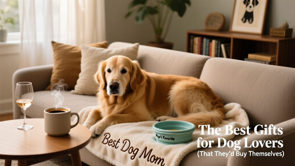 A cozy living room scene with a dog curled up on a personalized fleece blanket next to a steaming mug and a wine glass with a collapsible silicone dog bowl nearby