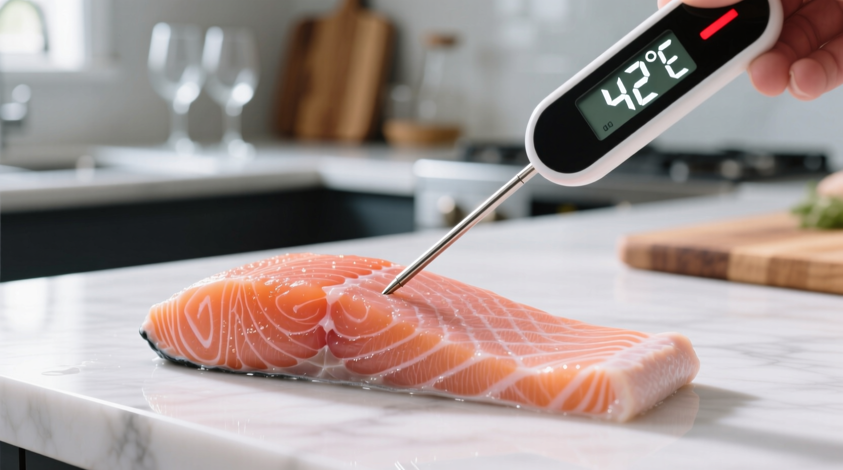 Digital thermometer measuring salmon fillet temperature