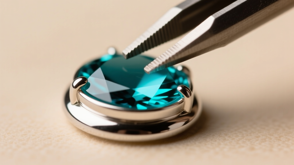 Macro shot of a 28-gauge fine silver bezel strip being carefully pushed over a turquoise cabochon using a steel bezel pusher tool.