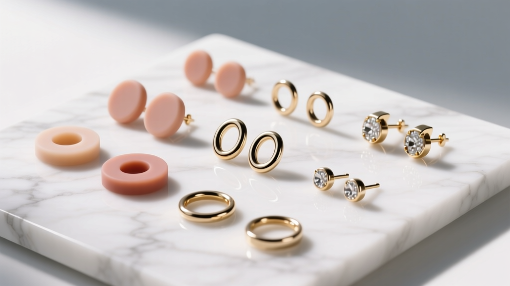 Flat lay of earring backs including silicone discs, omega clips, and push-backs arranged neatly on a white marble surface