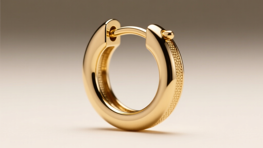 Macro shot of an 18-gauge gold vermeil huggie hinge, highlighting the clicker closure and polished finish under studio lighting