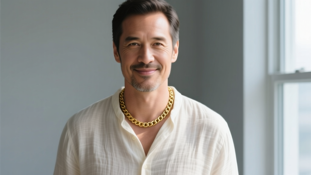 Portrait of a man in a relaxed linen button-down shirt wearing a 20-inch 14k gold chain resting perfectly on the upper collarbone.