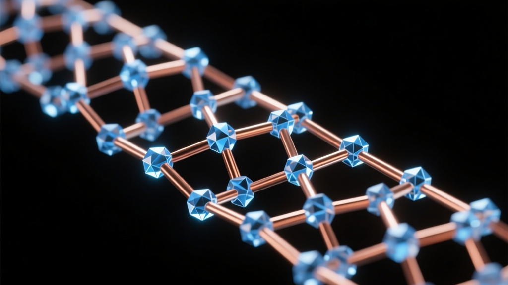 Scientific diagram of copper and silver lattice structures rendered in cool blue and warm copper tones against a dark background